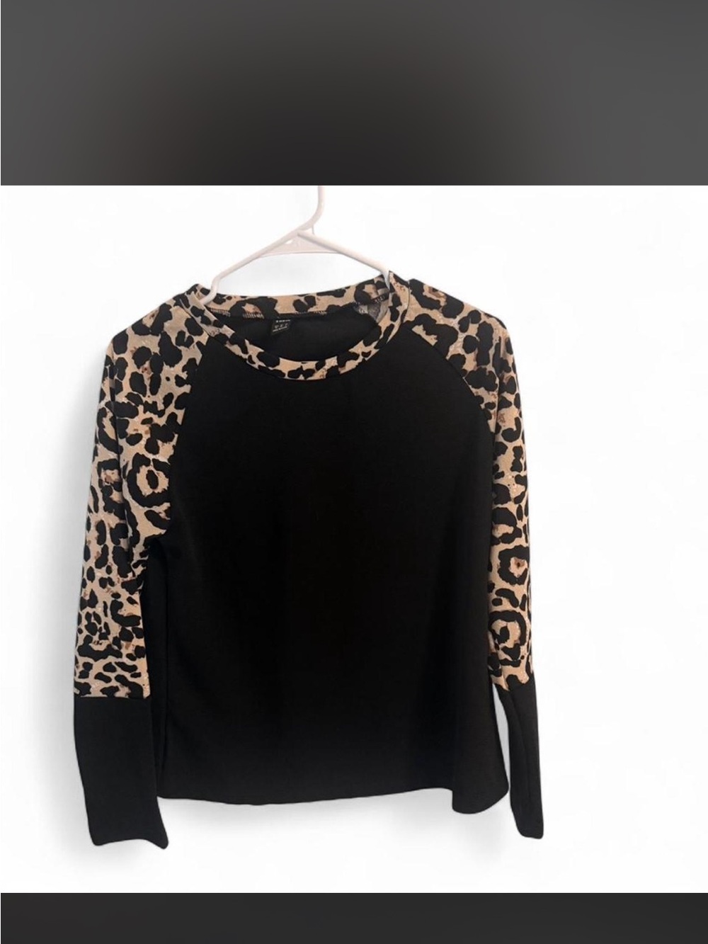SHEIN Black Top with Leopard Raglan Sleeves